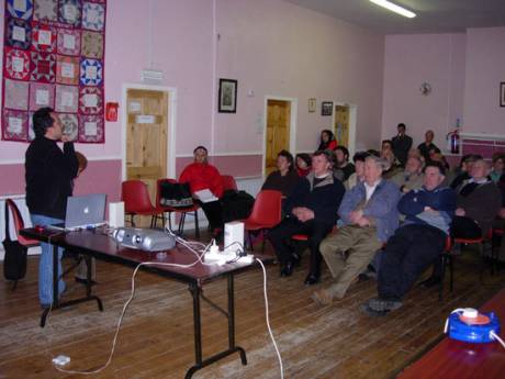 Ricardo from Accion Ecologica addressing the meeting in Glenamoy Community Hall