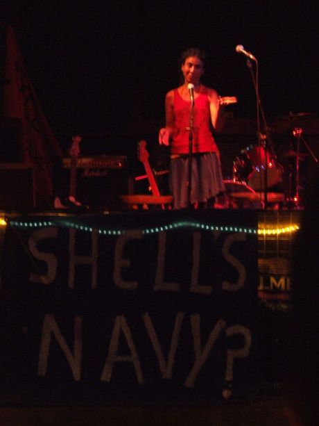 Click on image to see full-sized version Giving a message from Madrid to Mayo at the benefit cabaret