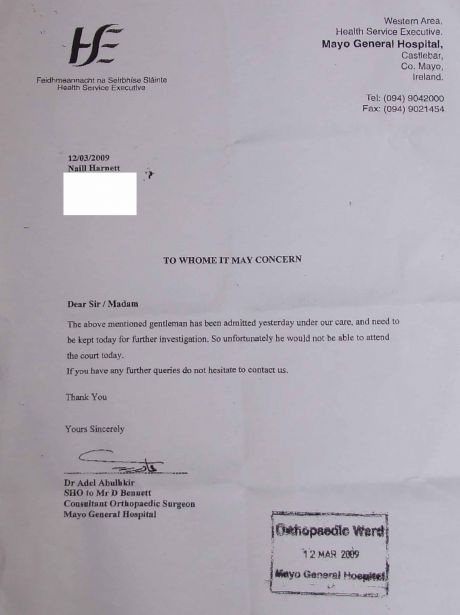 Letter from Hospital to court