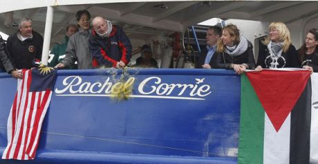 Derek Graham from Co Mayo officially names the MV Rachel Corrie before it left Dundalk harbour for Gaza. The ship was delayed in Malta and escaped today?s raid by Israeli commandos. (times)