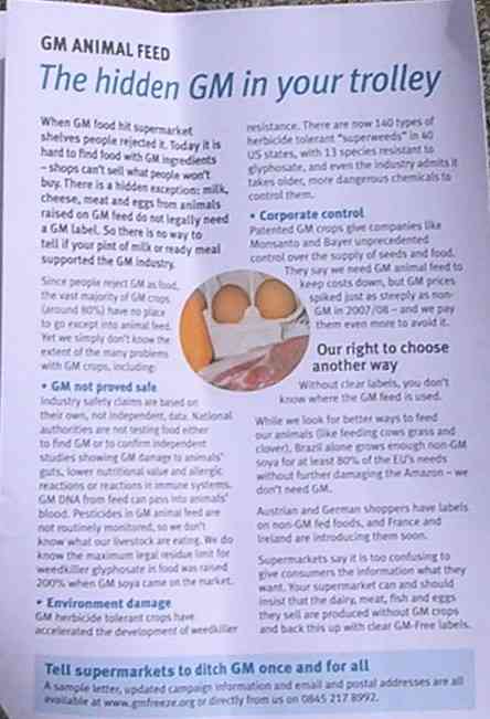 Third page explaining how milk, eggs and meat may been GM contaminated as animal feeds are not GM labelled