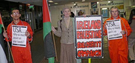 Another sui generis activist; Maureen G (Workers Solidarity) and two SWP activists attired in Guantanamo Bay chic