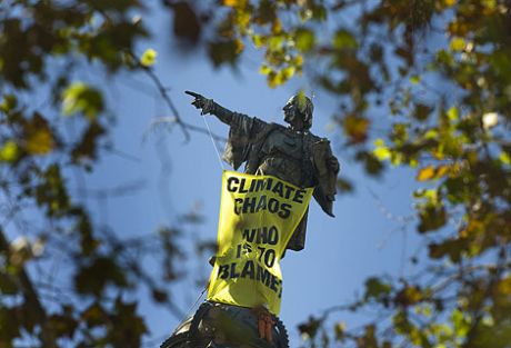 Christopher Columbus points a finger at the US for blocking climate deal (GREENPEACE final action)