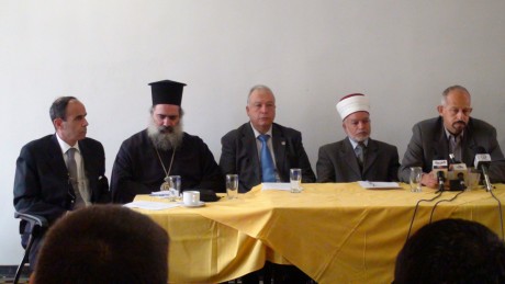 From L to R: Attendee who's identity escapes me, Archbishop Atallah Hanna, Dr. Rafiq Husseini,Sheikh Mohammad Hasan and Jamal Juma’a