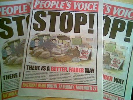 The  'People's Voice' newspaper , produced by the ICTU , for the 27th November 2010 protest in Dublin.