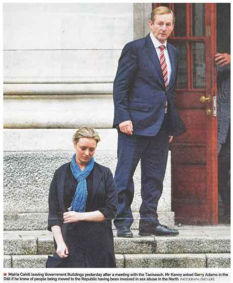 Big man protects little woman - Enda Kenny and Mairia Cahill (Irish Times front page 23 October 2014)