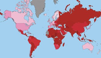 Red states corrupt. Grey states no data. (mauritania). Pink states you can drop dollar bills.