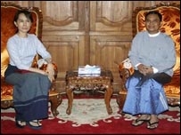 Aung San Suu Kyi of Burma meets U Aung Kyi (Myanmar) yesterday