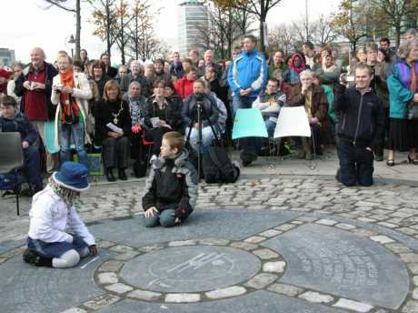 The new World Poverty Commemorative Stone on Custom House Quay