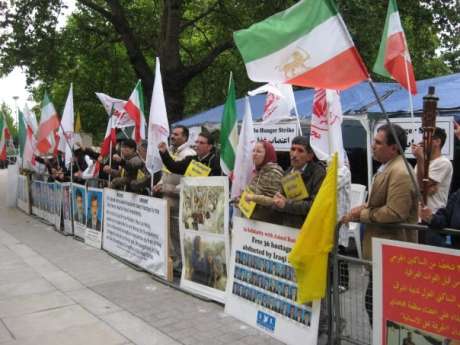 Family and supporters of Camp Ashraf detainees outside Iraqi Embassy in London