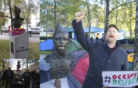 Fitting: Billy Bragg sings 'The Internationale' at the memorial to the International Brigades at Occ