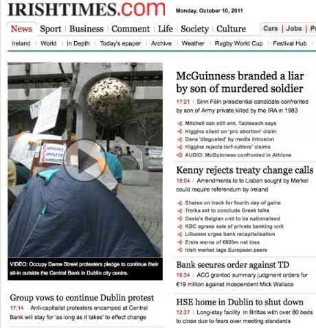 #OccupyDameStreet action is main news in Irish Times