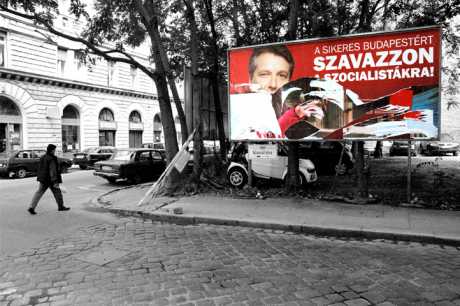 'Vote for Socialism' - Socialist Party (MSZP) billboard vandalised by protesters near Blaha Square last night