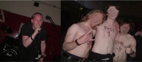 James Groves sings, fans with the bands name on their chests