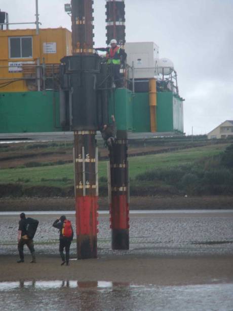 Climbing up the rig initally