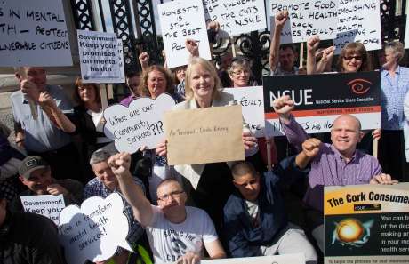 Orla Barry, Mental Health Reform Director, with campaigners against cuts to the mental health budget, Friday 7th September, Government Buildings, Dublin.